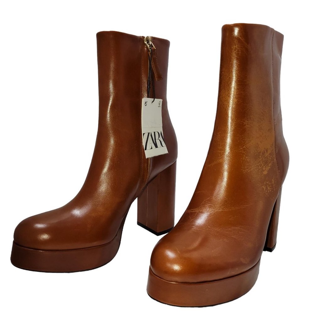 Zara Platform Leather High Heeled Ankle Boot Cognac Women Size 7.5US/38EU NWT